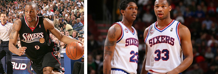 Old Sixers alternate logo and uniform (left), vintage uniform (right) Old Sixers alternate logo and uniform (left), vintage uniform (right)