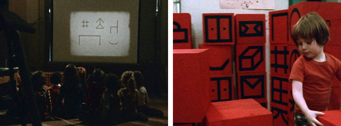 Children learning meanings from animated Blissymbols (left); A young child combining Blissymbols logically with playing blocks (right) (Image: Mr. Symbol Man, 1974)
