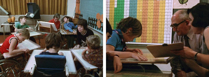 A group of cerebal palsy patients using the Bliss board in a classroom (left); Bliss witnessing his symbols in use at the Ontario Crippled Children’s Centre in 1972 (right) (Image: Mr. Symbol Man, 1974)