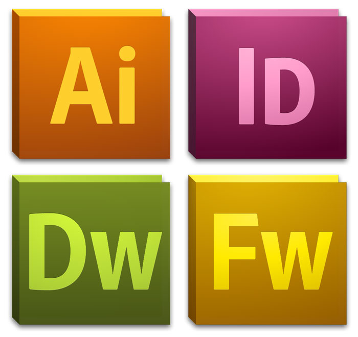 CS5 icons supersized (clockwise from top-left): Illustrator, InDesign, Fireworks, Dreamweaver