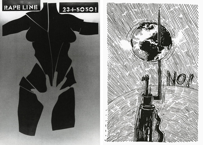 Posters by Lanny Sommese: Rape Line, 1987 (left); No!, 1991 (right)