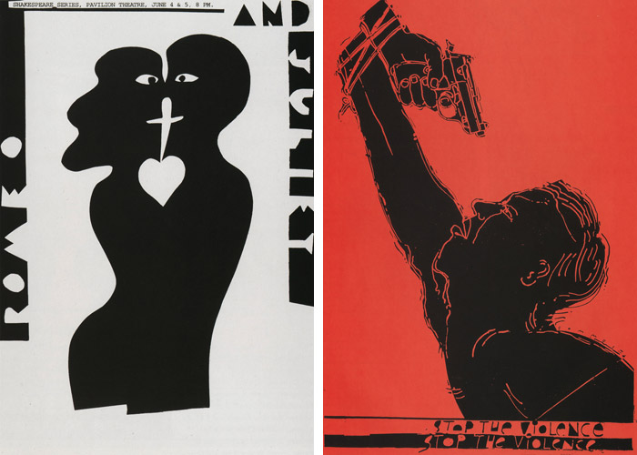 Posters by Lanny Sommese: Romeo & Juliet, 1994 (left); Stop the Violence, 1994 (right)