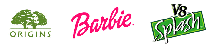 Logos designed by Paul Shaw: Origins for Estée Lauder (1990), Barbie for Parham Santana (1998), V8 Splash for Campbell Soup (1995)