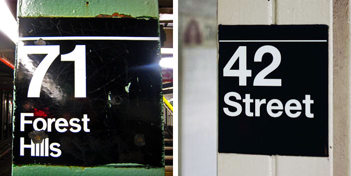 Subway signage: 71 Forest Hills set in Standard Medium (Photo: akuban, Flickr), 42 Street set in Helvetica (Photo: toohotty, Flickr)