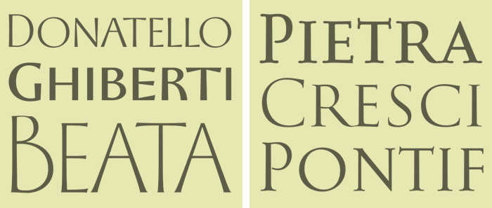 Historically-influenced typefaces: the Florentine Set (left), the Baroque Set (right) Historically-influenced typefaces: the Florentine Set (left), the Baroque Set (right)
