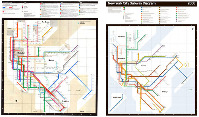 Vignelli’s original 1972 map (left) and updated version for Men’s Vogue (2008) Vignelli’s original 1972 map (left) and updated version for Men’s Vogue (2008)