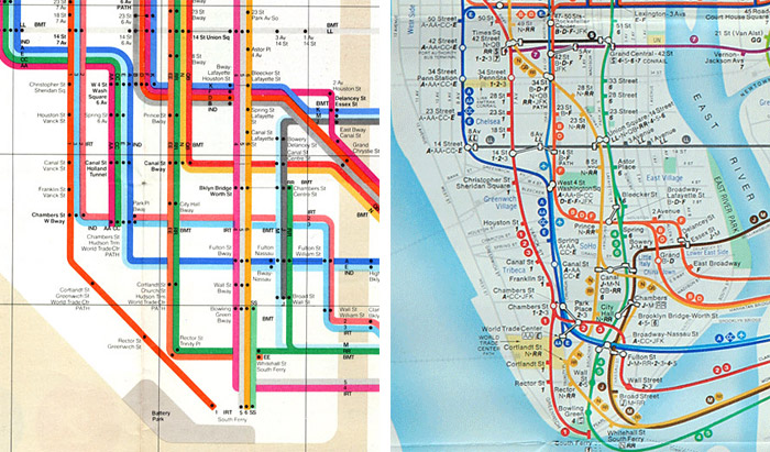 Lower Manhattan as seen on Vignelli’s 1972 map (left), replaced with a more geographically accurate version in 1979 (right)