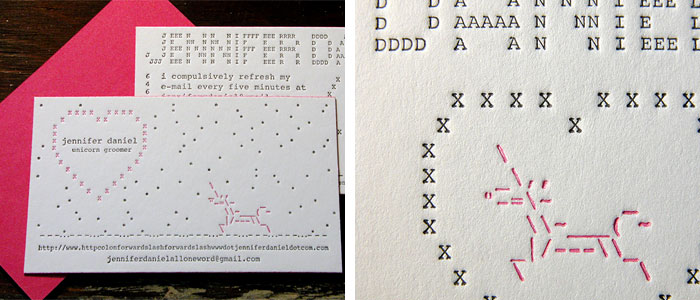 Letterpressed ASCII art, Jennifer Daniel’s business cards (Photo: crankypressman, Flickr)