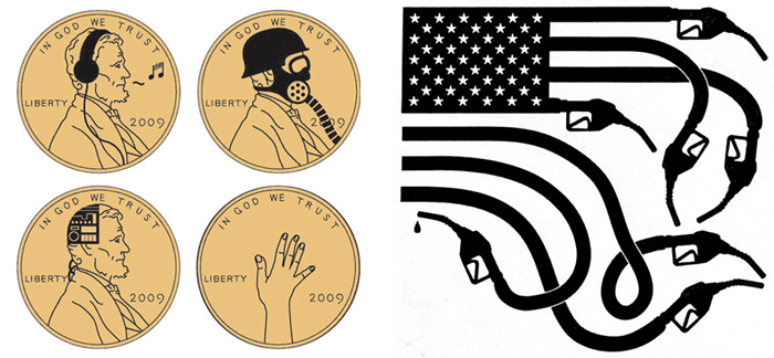 Buttons for Busy Beaver’s Currency Series (left); ‘These colors don’t run, they drive’ editorial illustration for The New York Times (right)