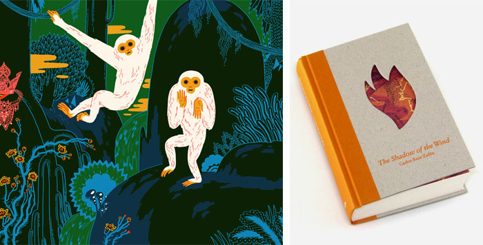 ‘Welcome’ illustration for Nobrow Press (left); Book jacket pattern for The Shadow of the Wind (right)
