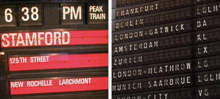 Split-flap displays, Photo (L) by trainman74 on Flickr, (R) by msmail on Flickr