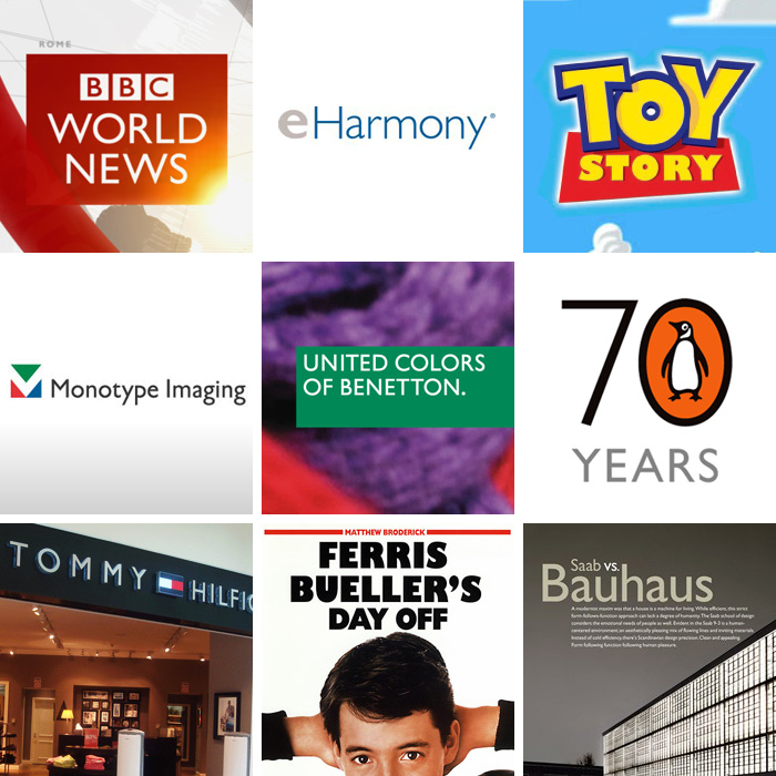 Gill Sans in use: BBC World News, eHarmony, Toy Story, Monotype Imaging Inc., United Colors of Benetton, Penguin Books' 70 year anniversary, Tommy Hilfiger, Ferris Bueller's Day Off, Saab