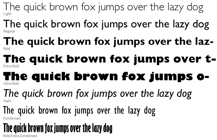 Gill Sans, common weights and styles at 36pt
