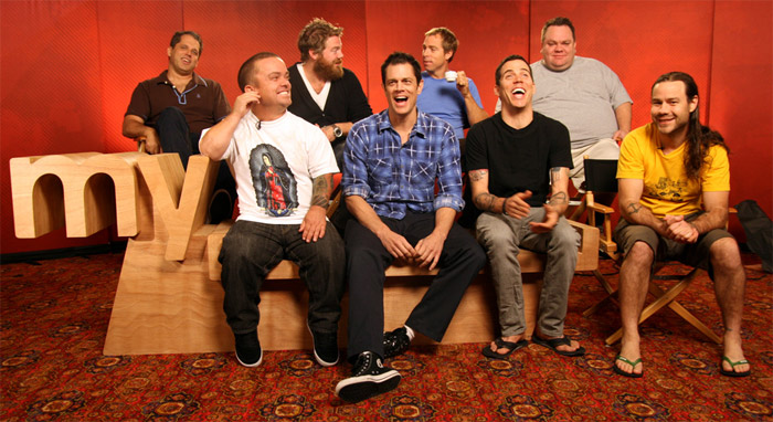 The cast of Jackass 3D sits on a new MySpace logo bench (via @macadaan)