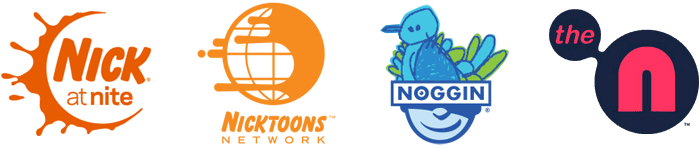 Past logos of Nick's sister channels (L-R): Nick at Nite, Nicktoons, Noggin, The N