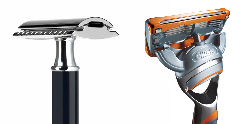 Traditional double edge safety razor (left) and the 5-blade Gillette Fusion Power