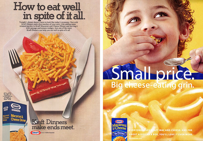 “How to eat well in spite of it all,” promoting the low cost of Kraft Macaroni and Cheese (1975); Focusing on the kid-friendly aspect (2000s)