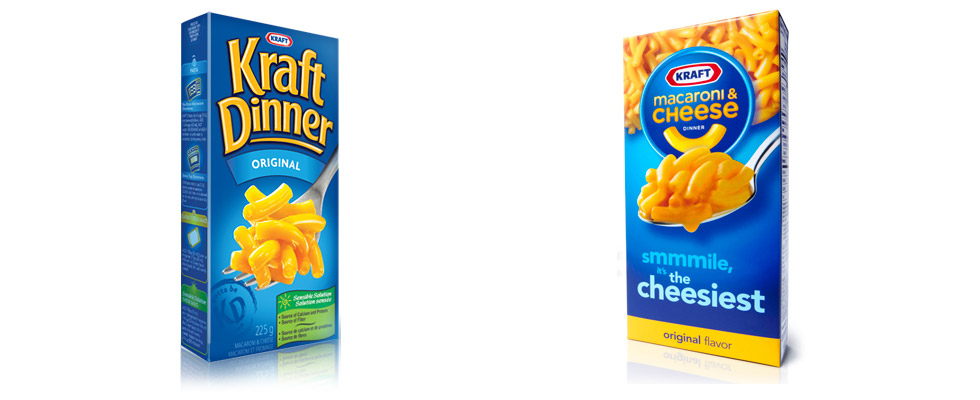 Fork or Spoon? Canadian Kraft Dinner (left) and American Kraft Macaroni and Cheese (right)