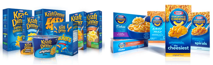 The Kraft Dinner family of products (left); Kraft Macaroni and Cheese family of products (right)