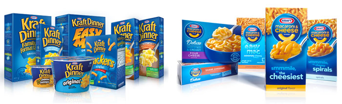 The Kraft Dinner family of products (left); Kraft Macaroni and Cheese family of products (right) The Kraft Dinner family of products (left); Kraft Macaroni and Cheese family of products (right)