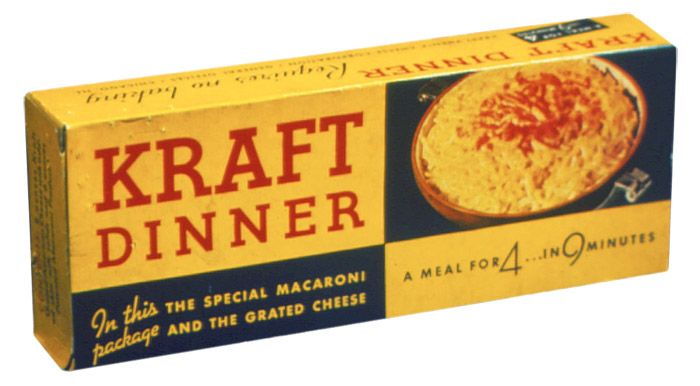 “A meal for 4… in 9 minutes,” the first Kraft Dinner package (1936)