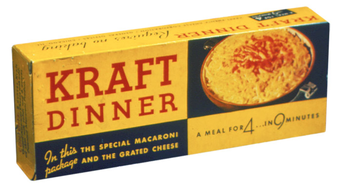“A meal for 4… in 9 minutes,” the first Kraft Dinner package (1936) “A meal for 4… in 9 minutes,” the first Kraft Dinner package (1936)