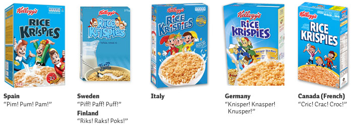 Rice Krispies (L-R): Spain, Sweden & Finland, Italy, Germany, French Canadian