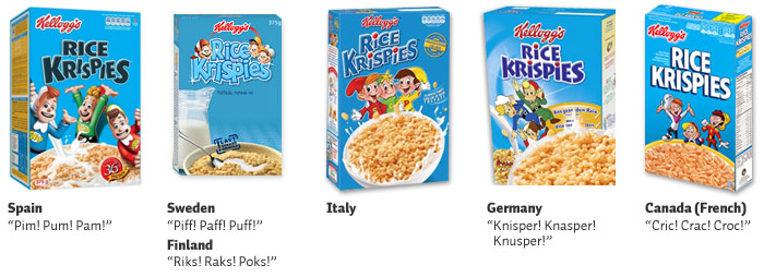 Rice Krispies (L-R): Spain, Sweden & Finland, Italy, Germany, French Canadian Rice Krispies (L-R): Spain, Sweden & Finland, Italy, Germany, French Canadian