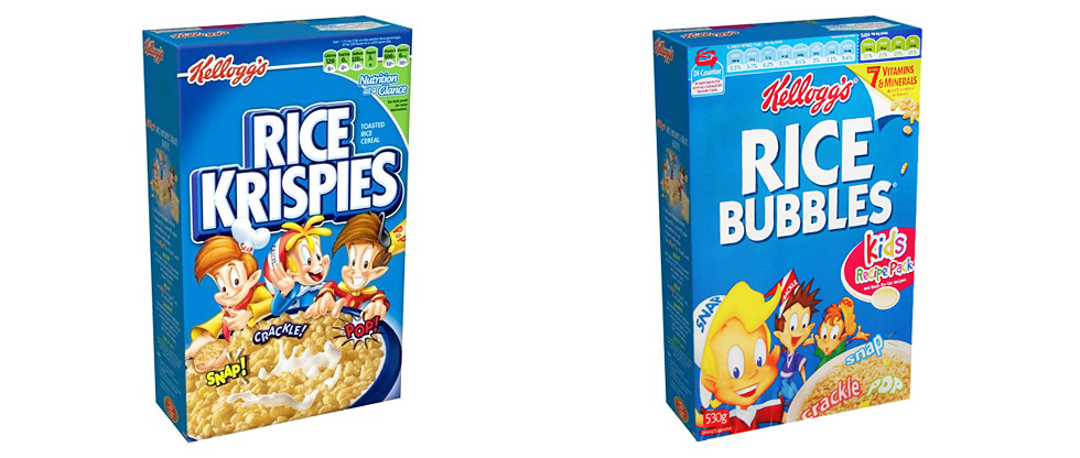 Rice Krispies in the United States (left) and Australia (right)