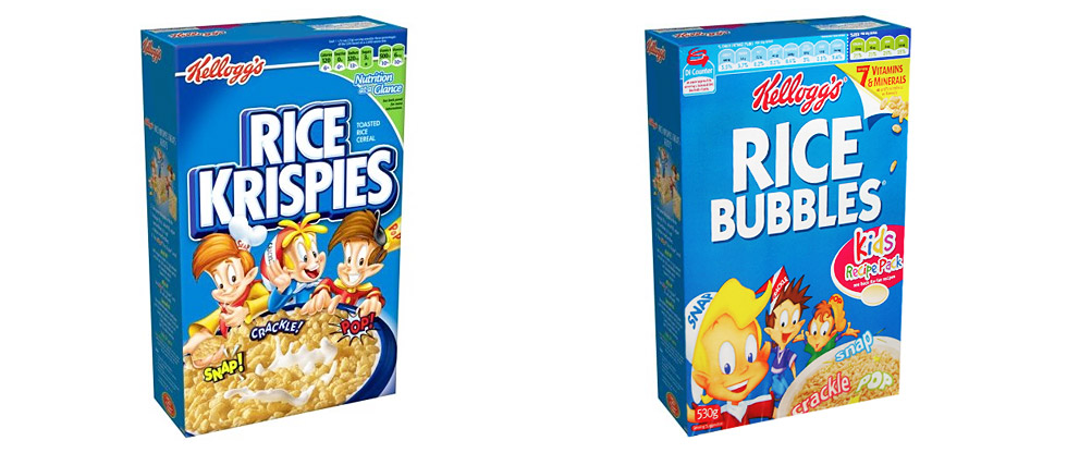 Rice Krispies in the United States (left) and Australia (right) Rice Krispies in the United States (left) and Australia (right)
