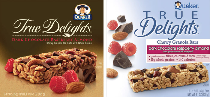 Packaging for Quaker’s True Delights granola bars (both designed by the DuPuis Group): Before, 2009 (left); After, 2010 (right)