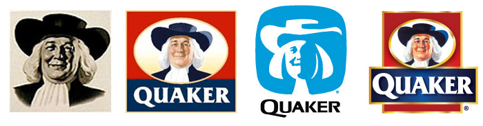 The Quaker Man evolves (left to right): Jim Nash, 1946; Haddon Sundblom, 1957; Saul Bass, 1972; Sundblom’s design revisited, 2007