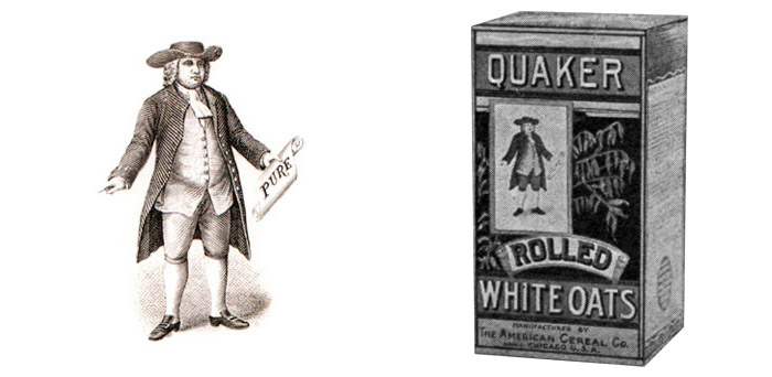 The Quaker Man first trademarked in 1877 (left); Quaker Oats packaging circa 1905 (right)