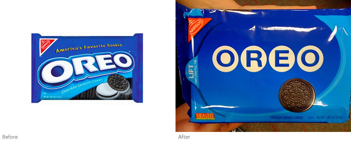 Oreo packaging (before and after), After photo by http://robotsmoverealfast.com