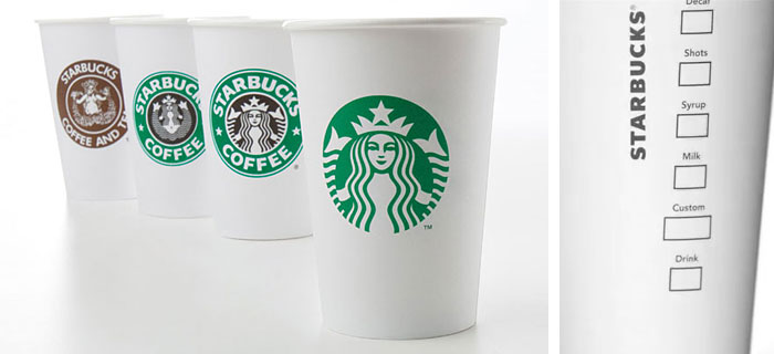 Starbucks cups from 1971, 1987, 1992, and 2011 (left); The backside of the new 2011 cup (right)