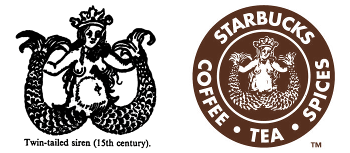 Illustration from A Dictionary of Symbols (left); Starbucks original 1971 logo (right)