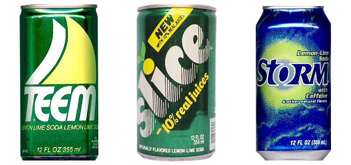 Pepsi’s attempts lemon-lime soda: Teem, 1964 (Source: wikipedia.org); Slice, 1984 (Source: usasoda.com); and Storm, 1998 (Source: wikipedia.org)