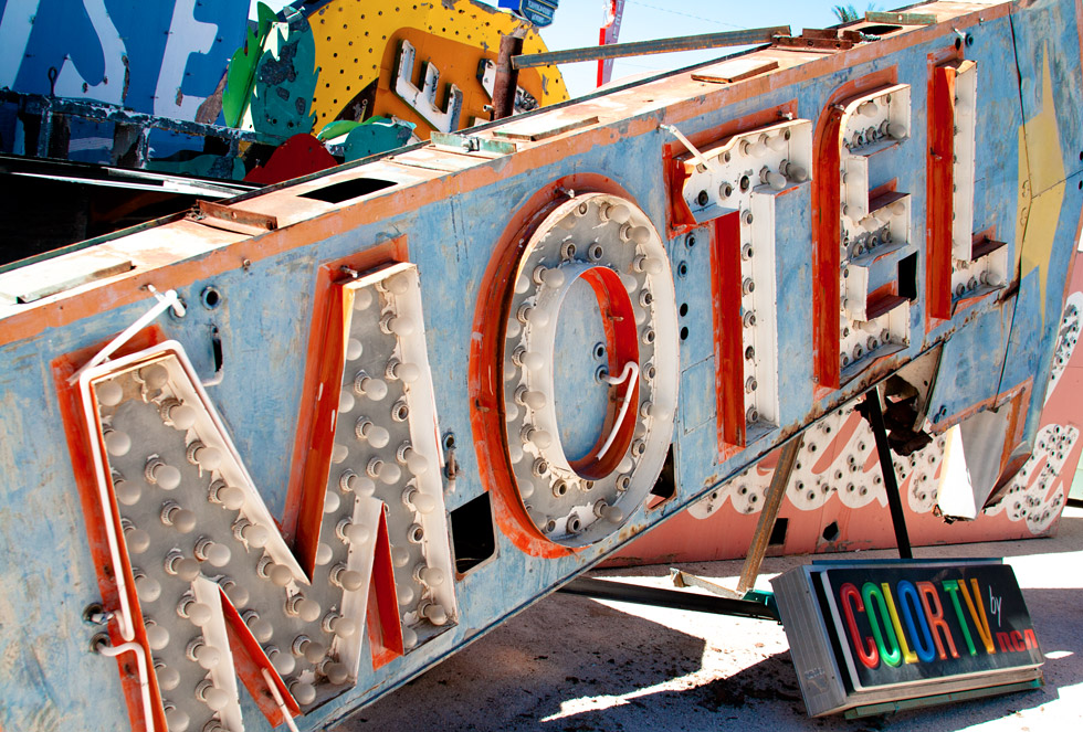 An old motel sign sits in the Neon Boneyard. (Photos: Josh Smith and Skylar Challand with permission at The Neon Museum, Las Vegas, Nevada) An old motel sign sits in the Neon Boneyard. All photos ©idsgn (Photographed with permission at The Neon Museum, Las Vegas, Nevada)
