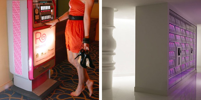 Rollasole machines dispense flat shoes at nightclubs (left); The ‘Semi Automatic’, designed by Ito Partners, serves as an upscale hotel gift shop (right) Rollasole machines dispense flat shoes at nightclubs (left); The ‘Semi Automatic’, designed by Ito Partners, serves as an upscale hotel gift shop (right)