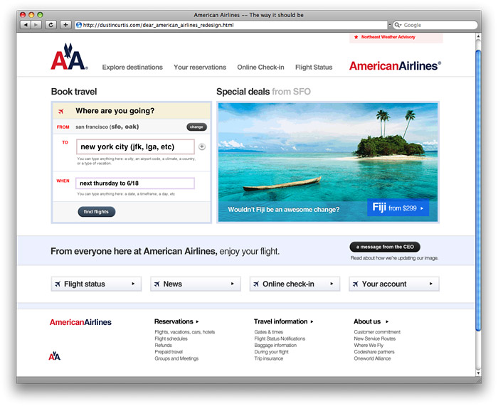 American Airlines (aa.com) front page, as designed by Dustin Curtis